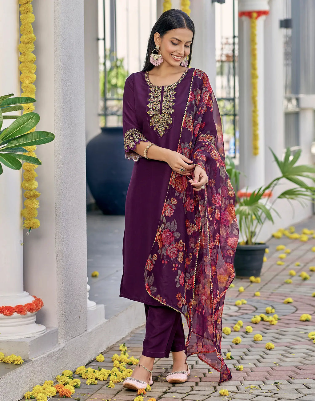 Poly Chinnon Embroidered Straight 3 Piece Kurta Set