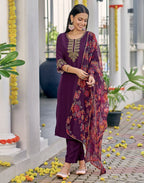 Poly Chinnon Embroidered Straight 3 Piece Kurta Set