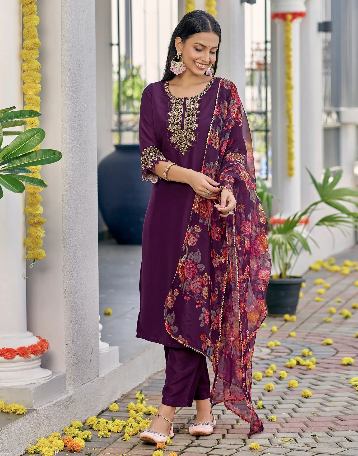 Poly Chinnon Embroidered Straight 3 Piece Kurta Set