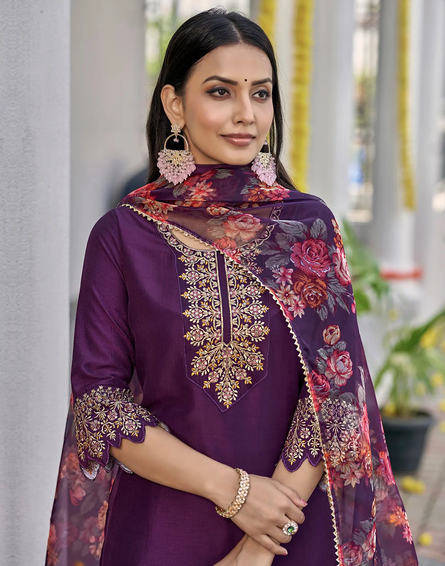 Poly Chinnon Embroidered Straight 3 Piece Kurta Set