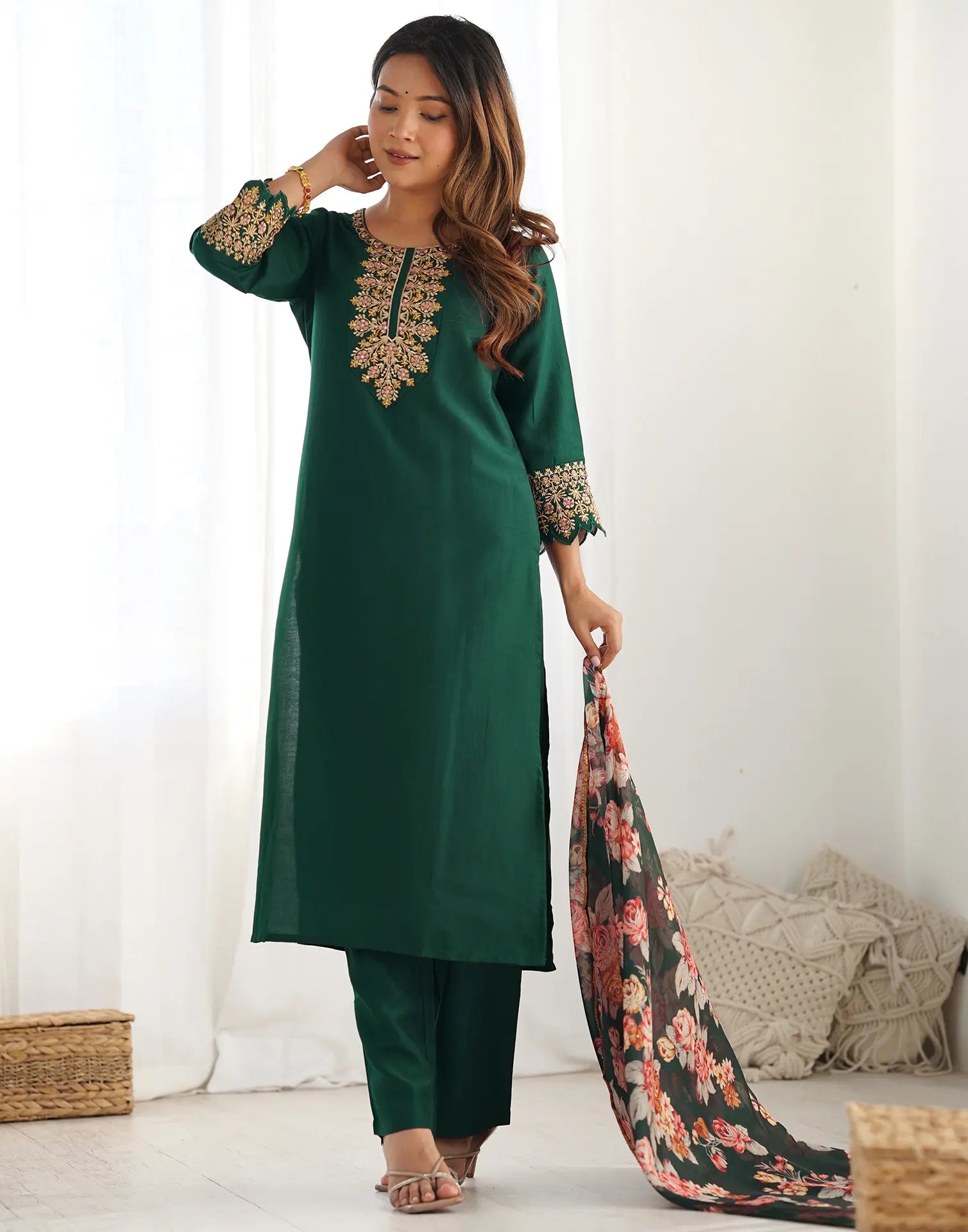 Poly Chinnon Embroidered Straight 3 Piece Kurta Set