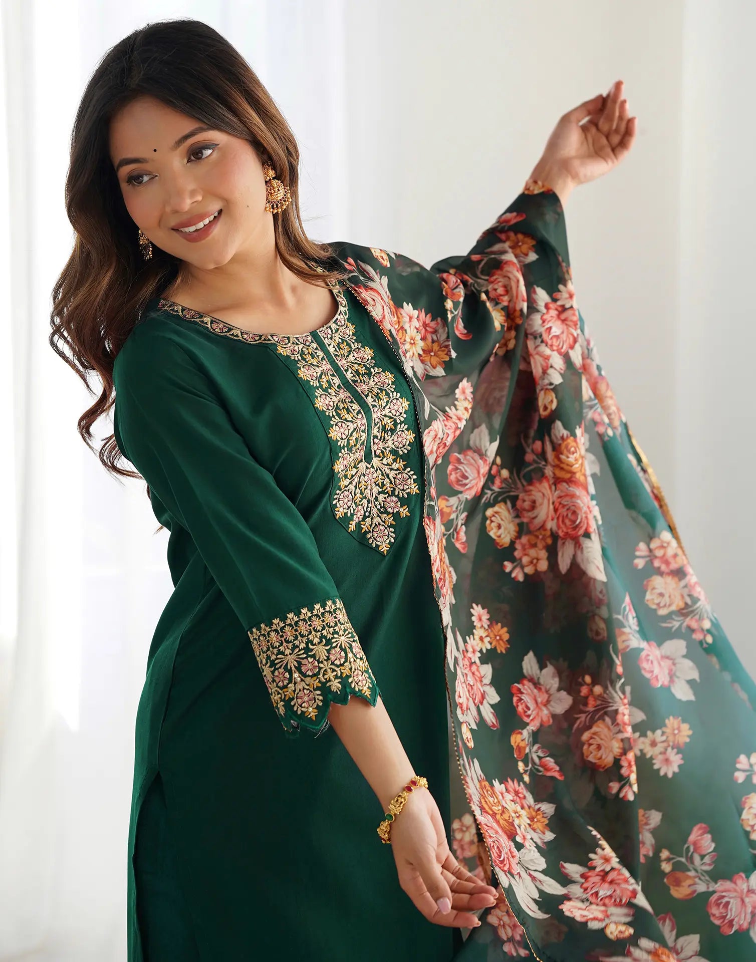 Poly Chinnon Embroidered Straight 3 Piece Kurta Set