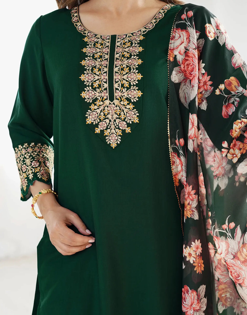 Poly Chinnon Embroidered Straight 3 Piece Kurta Set