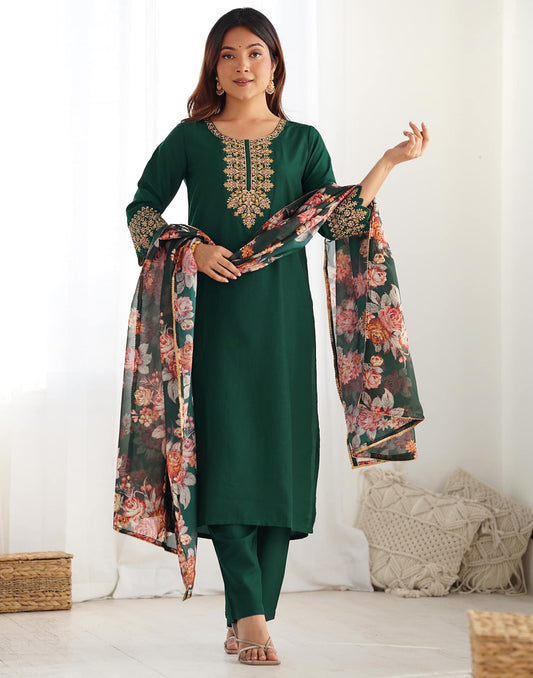 Silk Blend Embroidery, Sequence Work and lace Straight Kurta with Pant & Dupatta