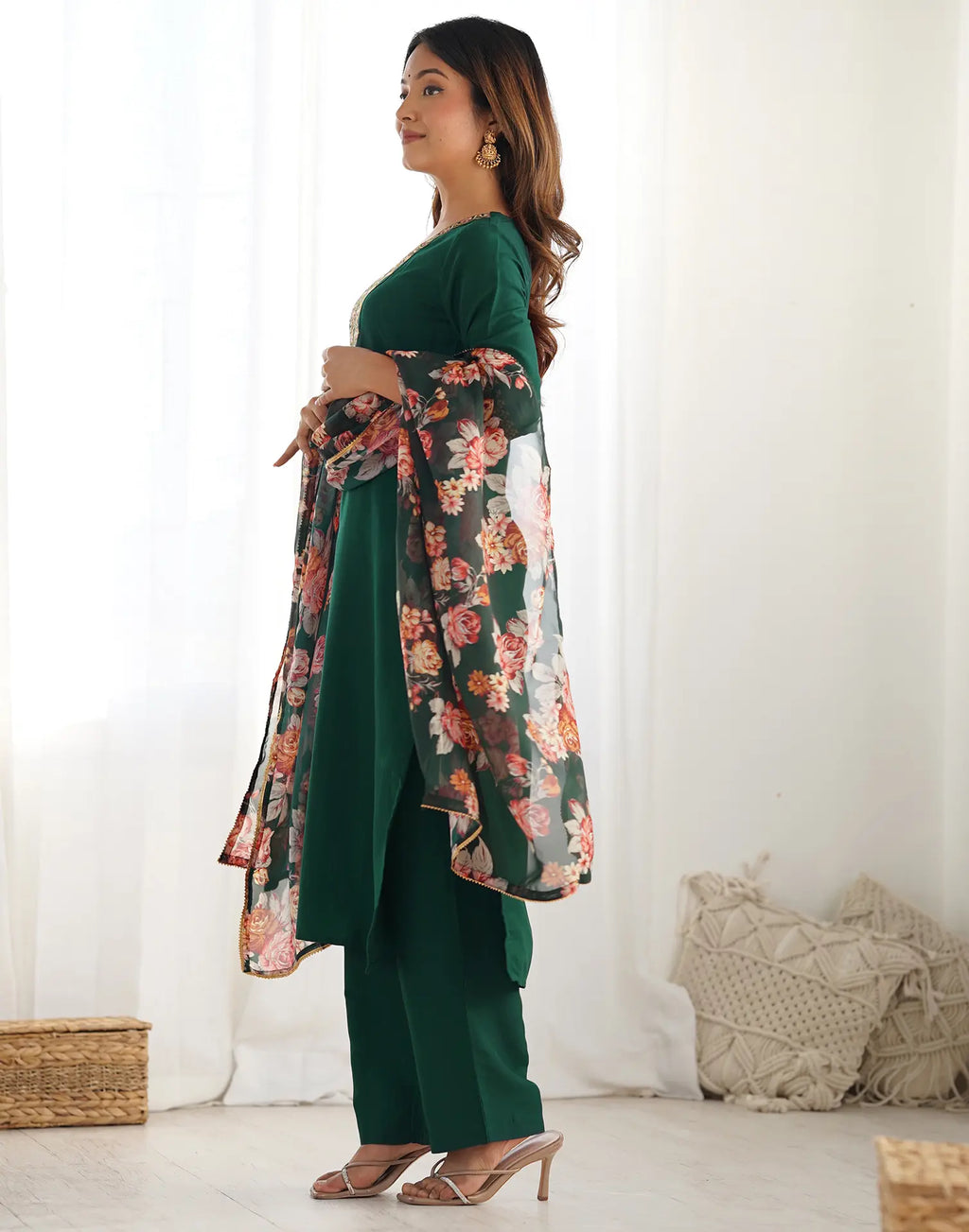 Poly Chinnon Embroidered Straight 3 Piece Kurta Set