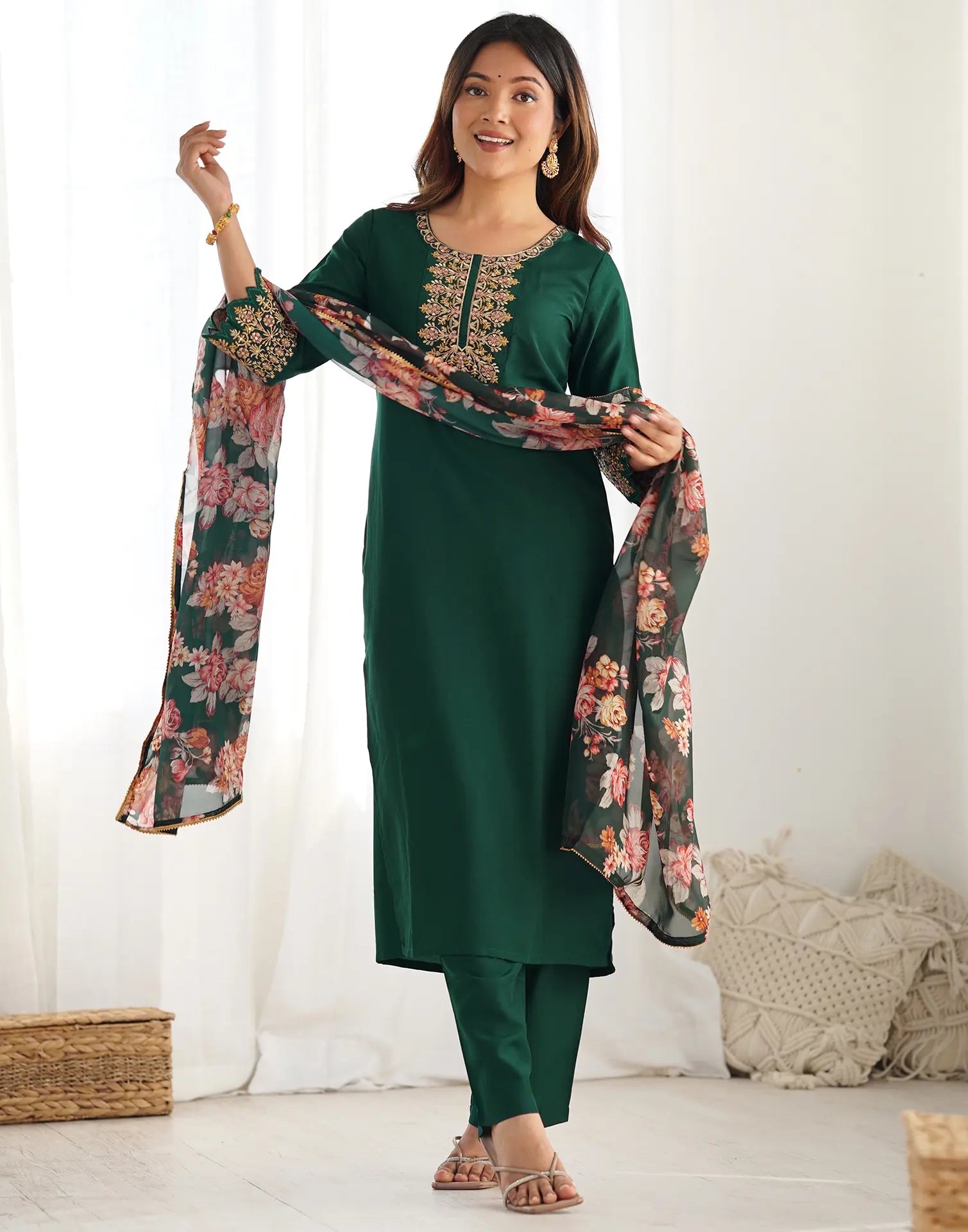 Poly Chinnon Embroidered Straight 3 Piece Kurta Set