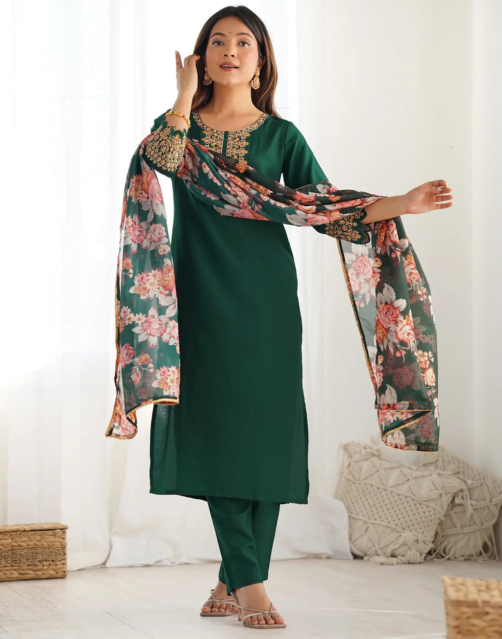 Poly Chinnon Embroidered Straight 3 Piece Kurta Set