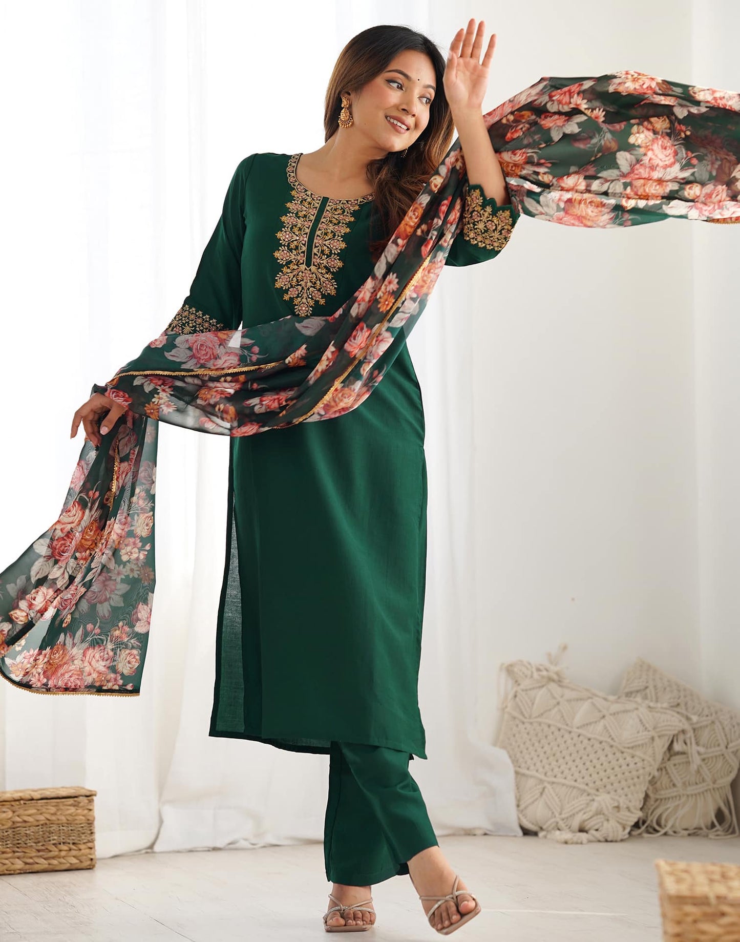 Silk Blend Embroidery, Sequence Work and lace Straight Kurta with Pant & Dupatta