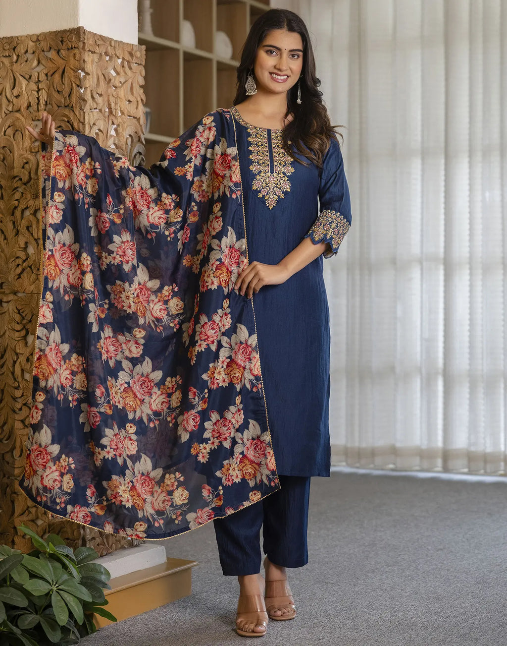 Poly Chinnon Embroidered Straight 3 Piece Kurta Set