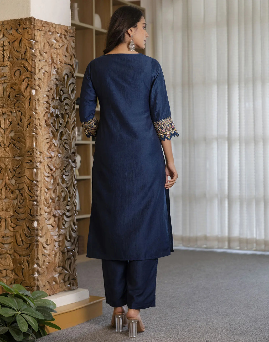 Poly Chinnon Embroidered Straight 3 Piece Kurta Set