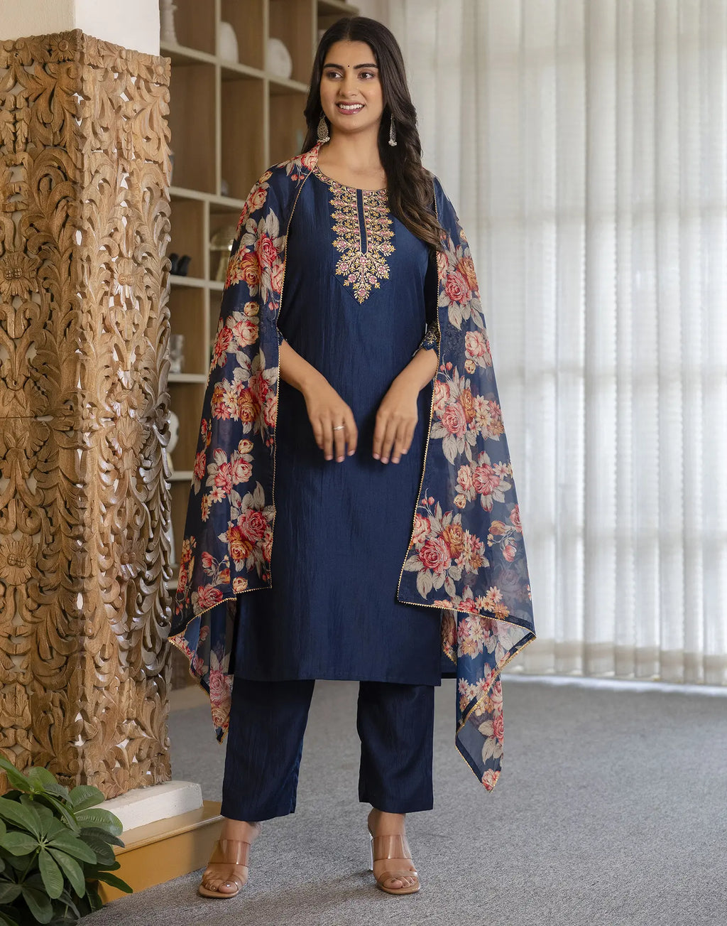 Poly Chinnon Embroidered Straight 3 Piece Kurta Set