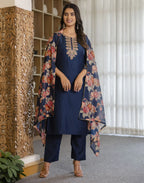 Poly Chinnon Embroidered Straight 3 Piece Kurta Set
