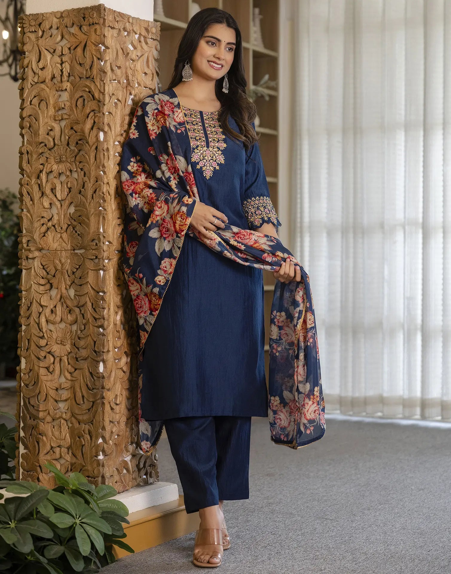 Poly Chinnon Embroidered Straight 3 Piece Kurta Set