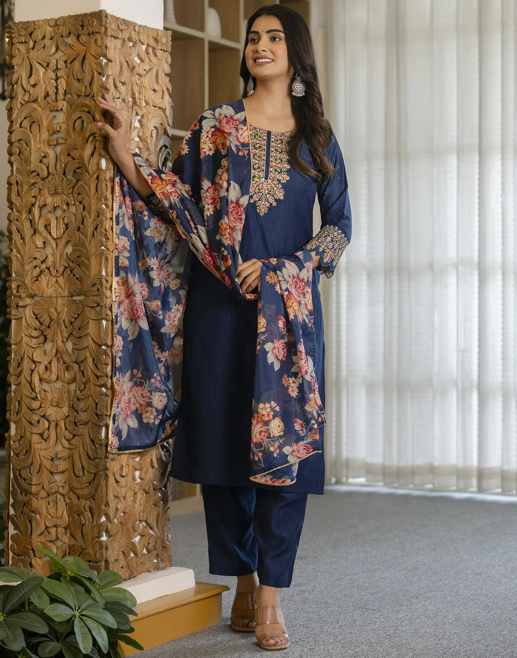 Poly Chinnon Embroidered Straight 3 Piece Kurta Set