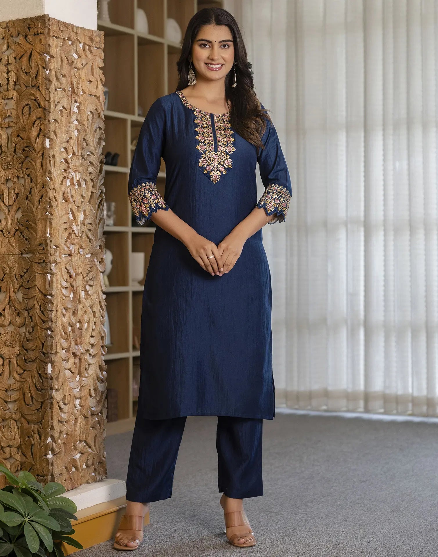 Poly Chinnon Embroidered Straight 3 Piece Kurta Set