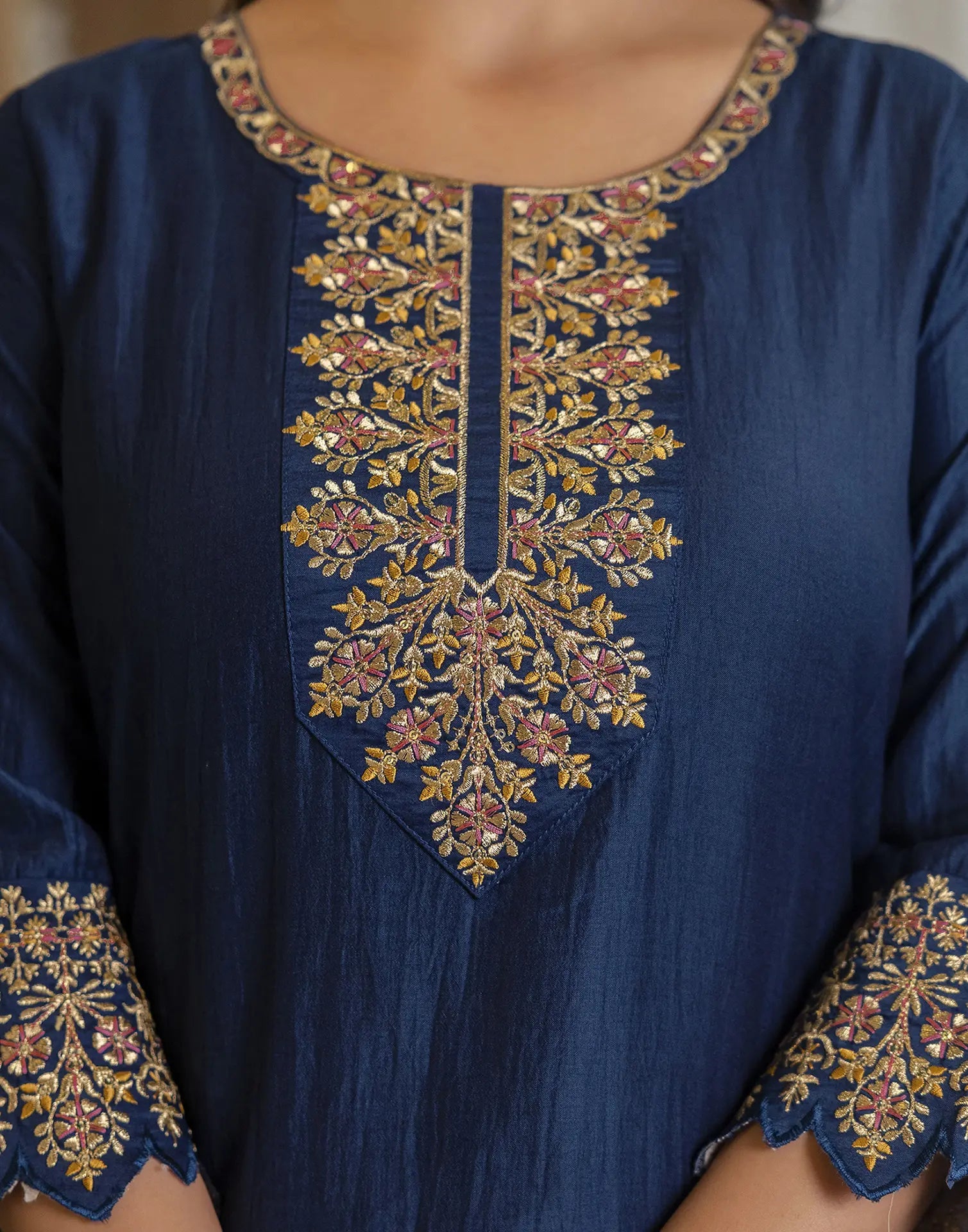 Poly Chinnon Embroidered Straight 3 Piece Kurta Set