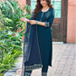 Blue Silk Plain Round Neck 3/4 Sleeve Straight Kurta Set With Pant & Dupatta