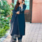 Blue Silk Plain Round Neck 3/4 Sleeve Straight Kurta Set With Pant & Dupatta