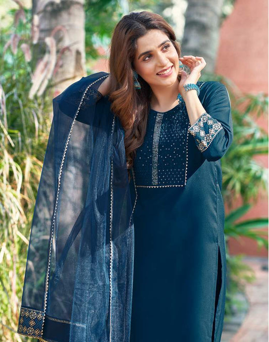 Blue Silk Plain Round Neck 3/4 Sleeve Straight Kurta Set With Pant & Dupatta