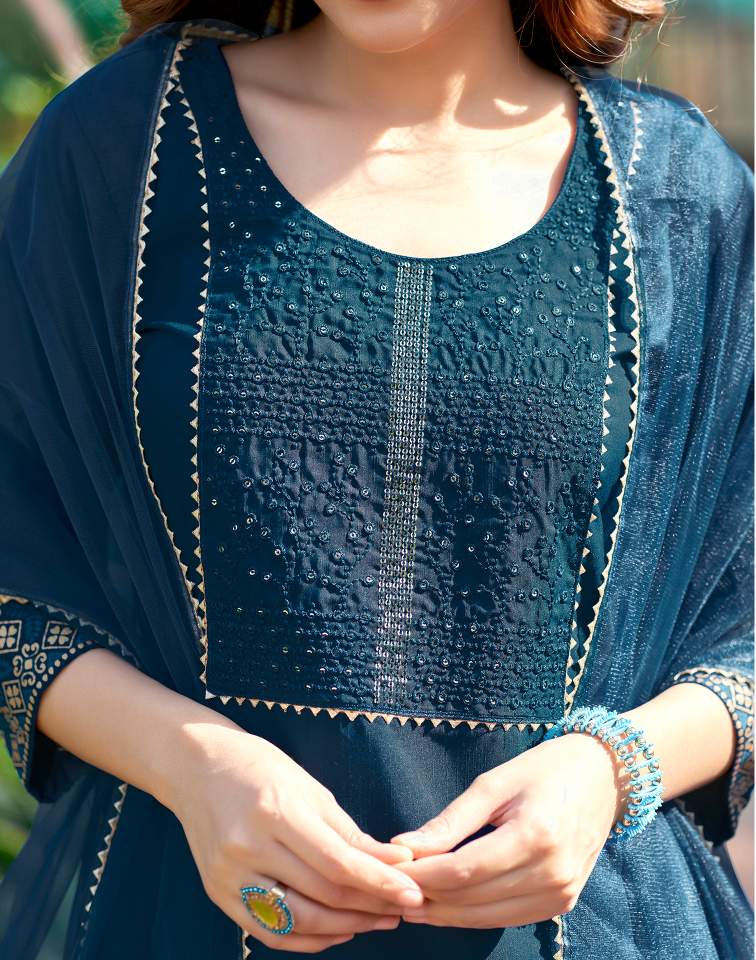 Blue Silk Plain Round Neck 3/4 Sleeve Straight Kurta Set With Pant & Dupatta