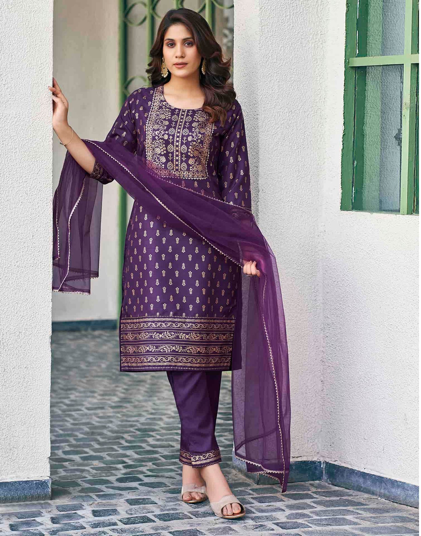 Cotton Blend Foil Printed and Gota Lace Straight Kurta with Pant & Dupatta