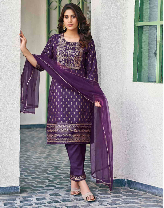 Cotton Blend Foil Printed and Gota Lace Straight Kurta with Pant & Dupatta