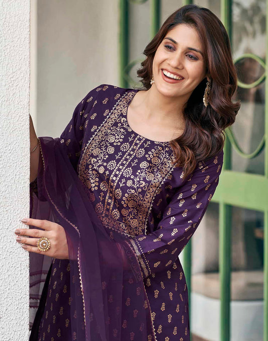 Cotton Blend Foil Printed and Gota Lace Straight Kurta with Pant & Dupatta