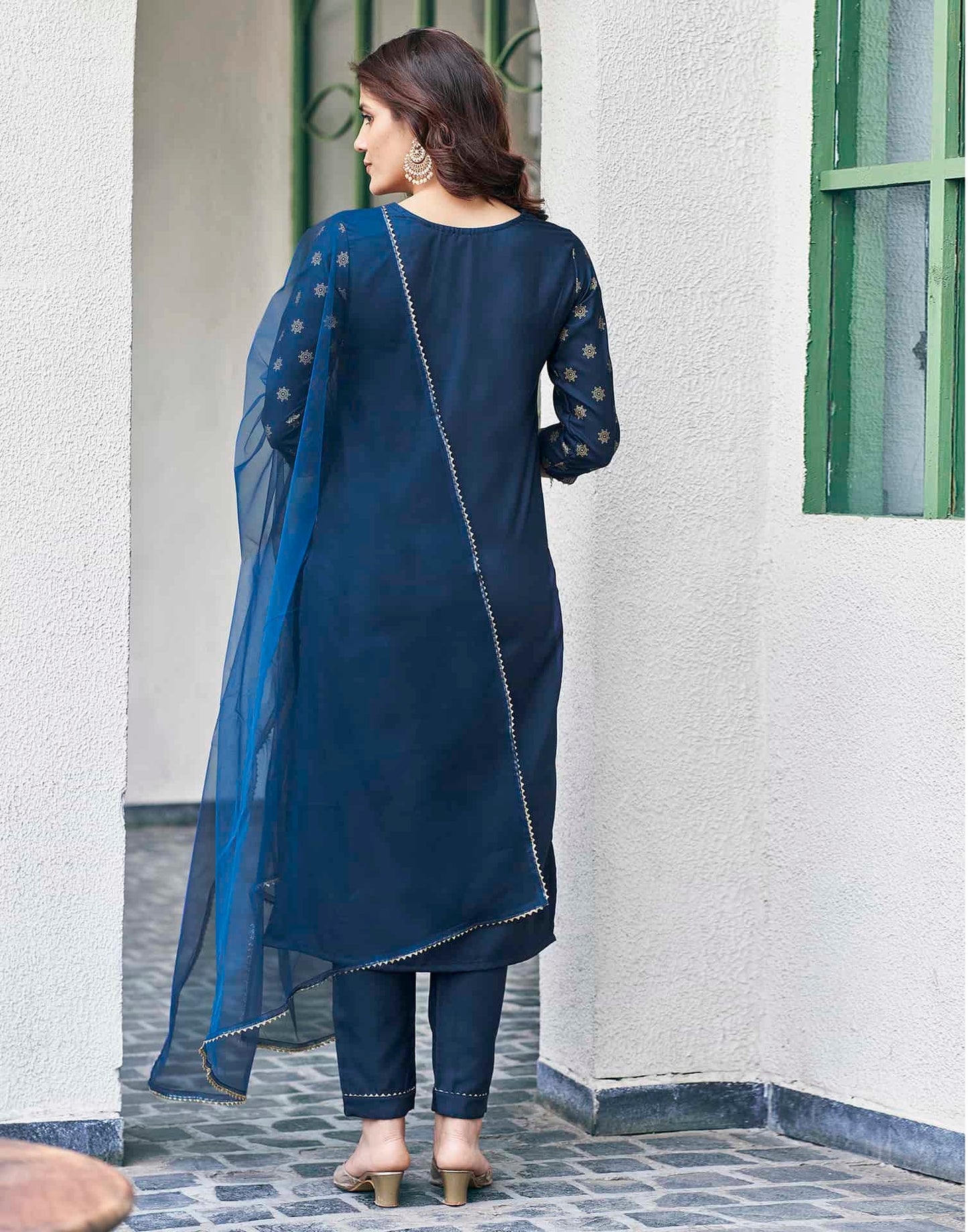 Cotton Blend Foil Printed, Embroidery and Gota Lace Straight Kurta with Pant & Dupatta