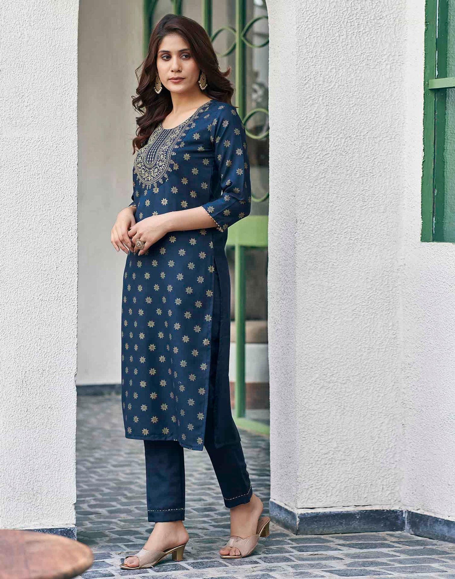 Cotton Blend Foil Printed, Embroidery and Gota Lace Straight Kurta with Pant & Dupatta