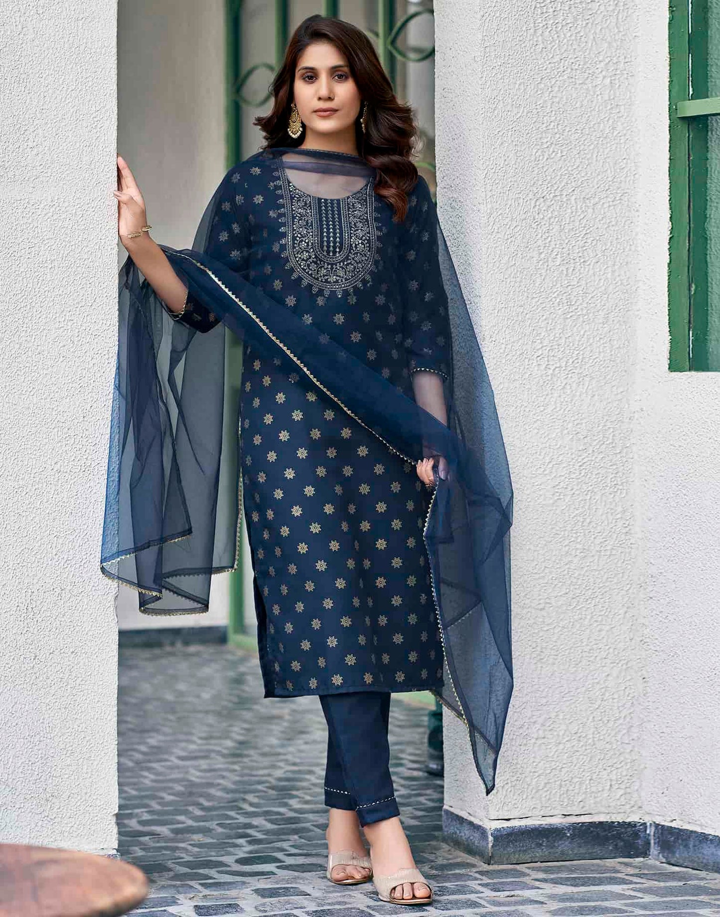 Cotton Blend Foil Printed, Embroidery and Gota Lace Straight Kurta with Pant & Dupatta