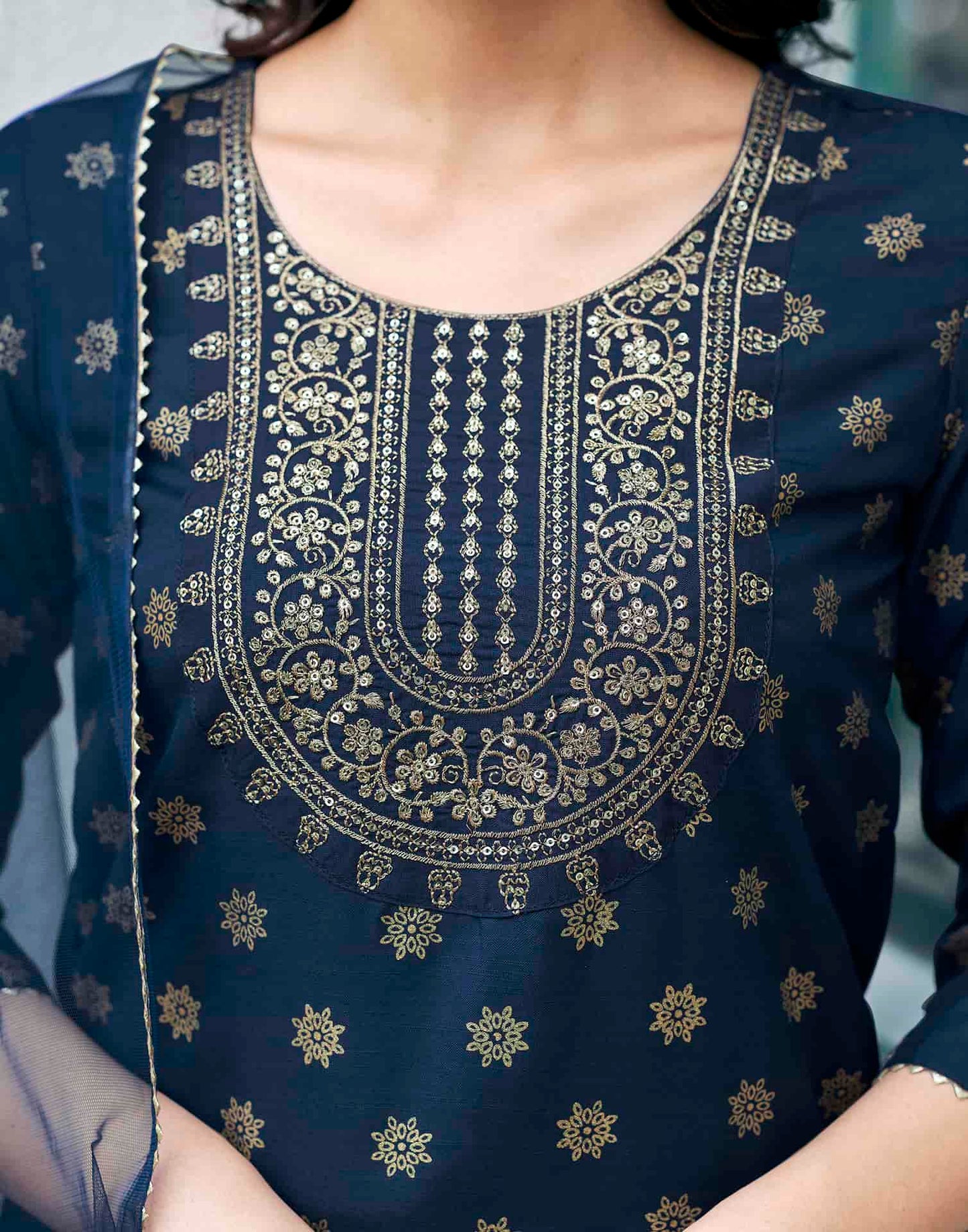 Cotton Blend Foil Printed, Embroidery and Gota Lace Straight Kurta with Pant & Dupatta
