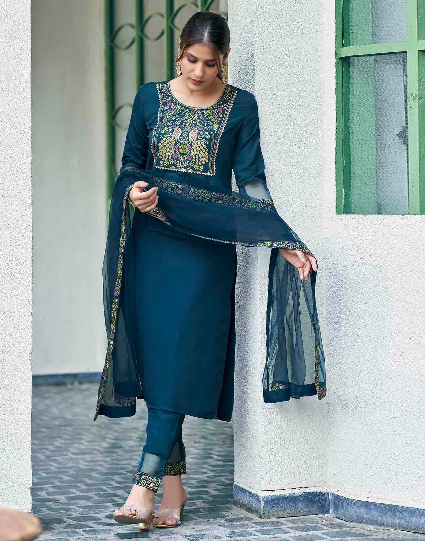 Cotton Blend Foil Printed and Gota Lace Straight Kurta with Pant & Dupatta
