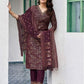 Wine Silk Foil Printed V Neck 3/4 Sleeve Straight Kurta Set With Pant & Dupatta