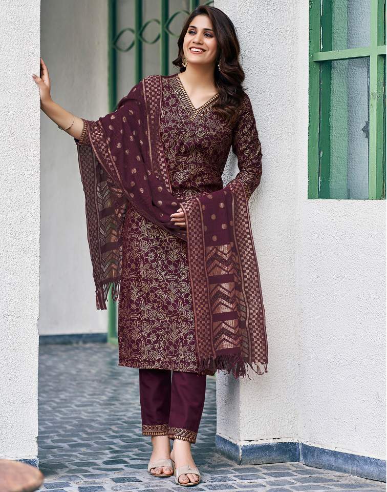Wine Silk Foil Printed V Neck 3/4 Sleeve Straight Kurta Set With Pant & Dupatta