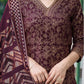 Wine Silk Foil Printed V Neck 3/4 Sleeve Straight Kurta Set With Pant & Dupatta