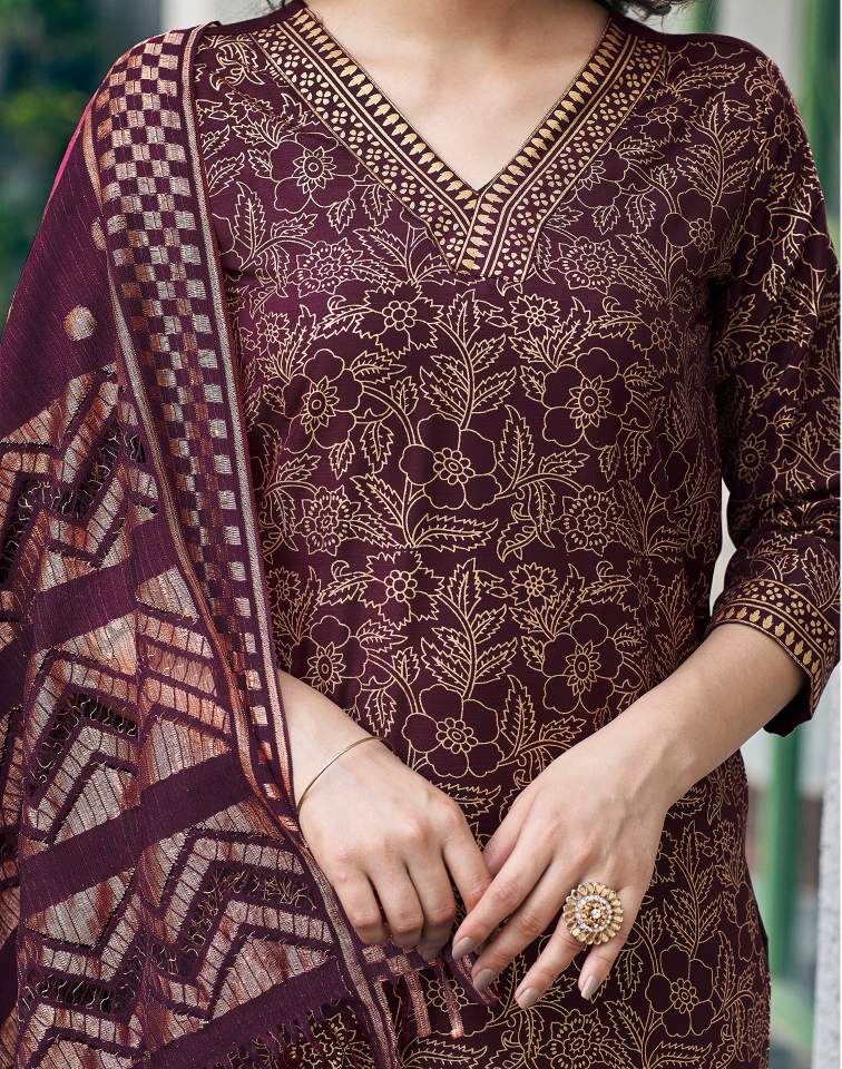Wine Silk Foil Printed V Neck 3/4 Sleeve Straight Kurta Set With Pant & Dupatta