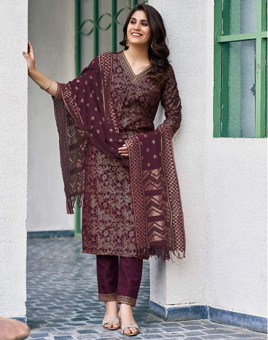 Wine Silk Foil Printed V Neck 3/4 Sleeve Straight Kurta Set With Pant & Dupatta