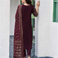 Wine Silk Foil Printed V Neck 3/4 Sleeve Straight Kurta Set With Pant & Dupatta