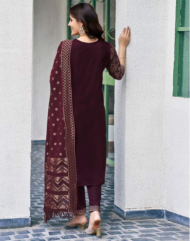 Wine Silk Foil Printed V Neck 3/4 Sleeve Straight Kurta Set With Pant & Dupatta