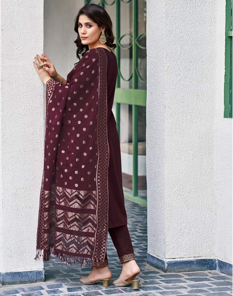 Wine Silk Foil Printed V Neck 3/4 Sleeve Straight Kurta Set With Pant & Dupatta