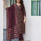 Wine Silk Foil Printed V Neck 3/4 Sleeve Straight Kurta Set With Pant & Dupatta