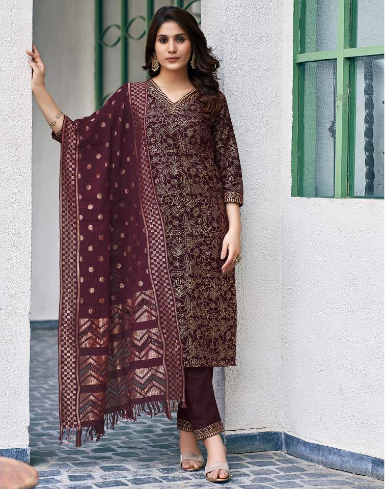Wine Silk Foil Printed V Neck 3/4 Sleeve Straight Kurta Set With Pant & Dupatta