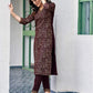 Wine Silk Foil Printed V Neck 3/4 Sleeve Straight Kurta Set With Pant & Dupatta