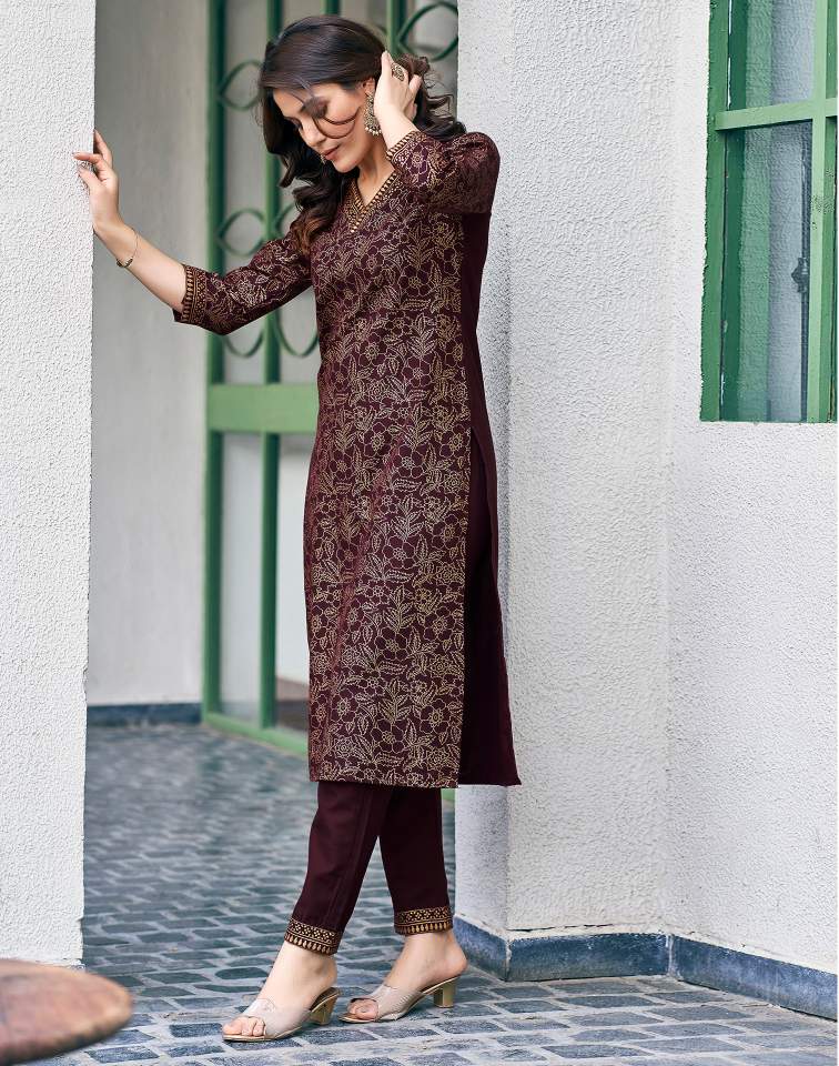 Wine Silk Foil Printed V Neck 3/4 Sleeve Straight Kurta Set With Pant & Dupatta