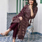Wine Silk Foil Printed V Neck 3/4 Sleeve Straight Kurta Set With Pant & Dupatta