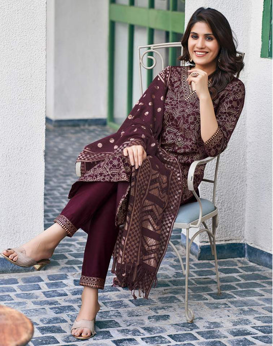 Wine Silk Foil Printed V Neck 3/4 Sleeve Straight Kurta Set With Pant & Dupatta