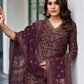 Wine Silk Foil Printed V Neck 3/4 Sleeve Straight Kurta Set With Pant & Dupatta