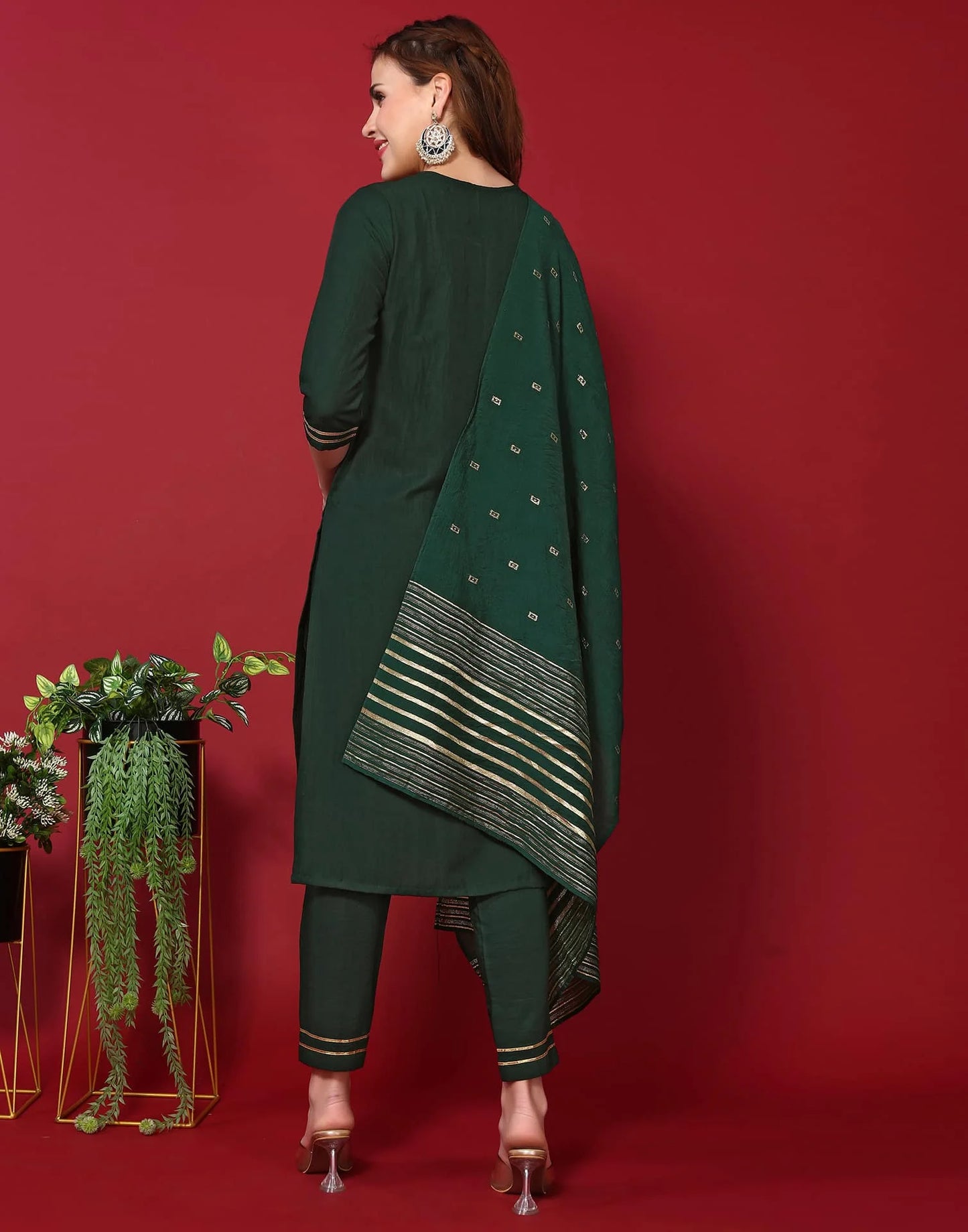Green Cotton Embroidered Straight Kurta Set with Pant & Dupatta