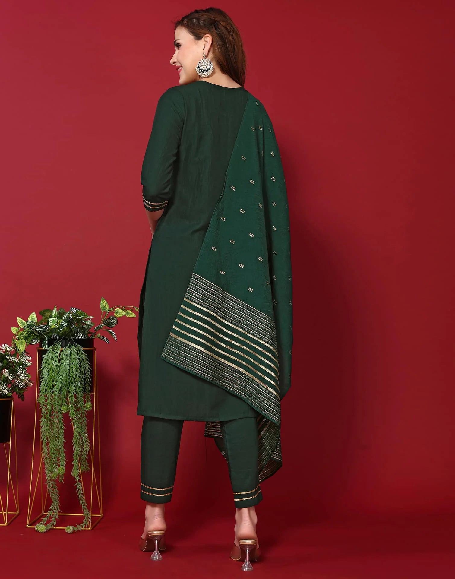 Green Cotton Embroidered Straight Kurta Set with Pant & Dupatta