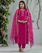 Skylee Silk Blend Embroidered Straight 3 Piece Kurta Set For Woman